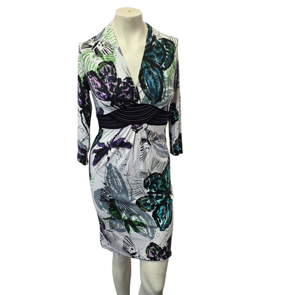 Alberto Makali Butterfly Print Sheath‎ Dress Size 6 Ruched V Neck Stretch Midi